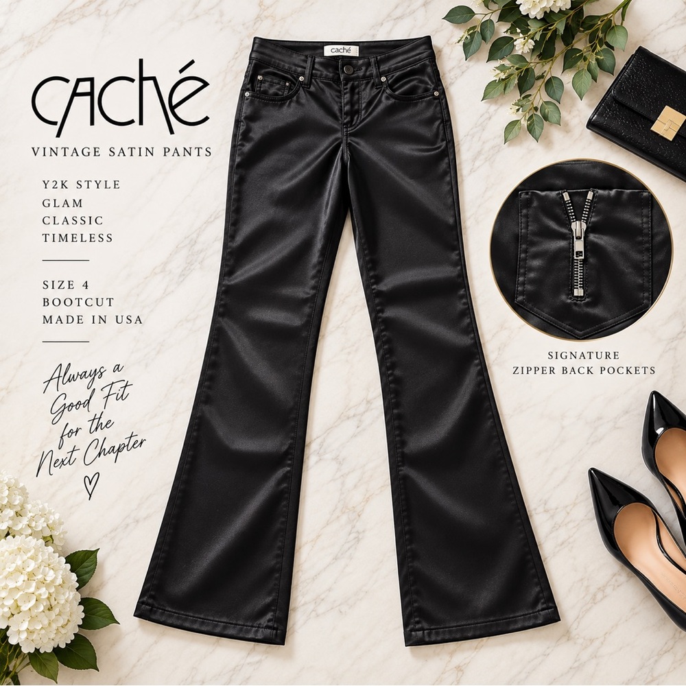 Vintage Caché Black Satin Bootcut Pants Size 4 Y2K Made in USA